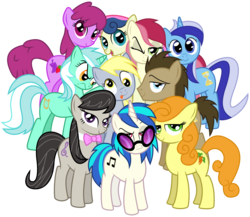 Size: 8000x6944 | Tagged: safe, artist:andy price, artist:masem, idw, berry punch, berryshine, bon bon, carrot top, derpy hooves, dj pon-3, doctor whooves, golden harvest, lyra heartstrings, minuette, octavia melody, roseluck, sweetie drops, time turner, vinyl scratch, earth pony, pegasus, pony, unicorn, g4, absurd resolution, background pony, background six, background ten, bowtie, cutie mark, female, hooves, horn, idw showified, male, mare, one eye closed, open mouth, simple background, smiling, stallion, sunglasses, tongue out, transparent background, vector, wink