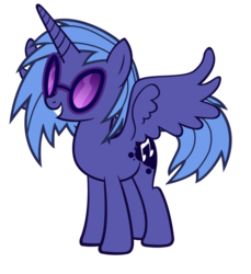 Size: 900x982 | Tagged: safe, artist:speedingturtle, dj pon-3, princess luna, vinyl scratch, alicorn, pony, g4, cutie mark, female, fusion, fusion:dj pon-3, fusion:princess luna, fusion:vinyl scratch, fusion:vinyluna, hooves, horn, mare, simple background, smiling, solo, spread wings, sunglasses, teeth, transparent background, vector, wings