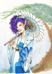 Size: 600x849 | Tagged: safe, artist:amypeterson, rarity, human, g4, androgynous, female, haori, humanized, kanzashi, kimono (clothing), legend of the five rings, solo, traditional art, umbrella, wagasa