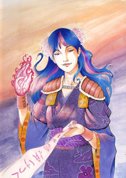Size: 600x849 | Tagged: safe, artist:amypeterson, twilight sparkle, human, g4, clothes, female, humanized, japanese, kimono (clothing), legend of the five rings, magic, scroll, smiling, solo, traditional art