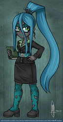 Size: 600x1166 | Tagged: dead source, safe, artist:php13, queen chrysalis, g4, askchrysalis, female, glasses, high ponytail, humanized, long hair, ponytail, solo, teacher
