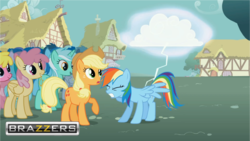 Size: 1920x1080 | Tagged: safe, edit, edited screencap, screencap, applejack, cherry berry, derpy hooves, dizzy twister, doctor whooves, lyra heartstrings, orange swirl, rainbow dash, time turner, trixie, earth pony, pegasus, pony, unicorn, boast busters, g4, my little pony: friendship is magic, brazzers, cloud, eyes closed, female, lightning, mare, thunder