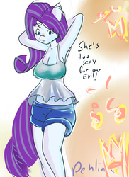 Size: 800x1100 | Tagged: safe, artist:penlink, rarity, anthro, g4, 30 minute art challenge, armpits, blouse, clothes, female, midriff, shorts, solo