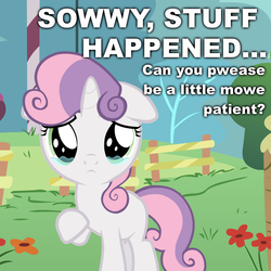 Size: 1280x1280 | Tagged: safe, artist:jan, sweetie belle, ask the crusaders, g4, baby talk, crying, cute, diasweetes, female, filly, image macro, sad, solo, tumblr