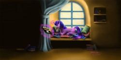 Size: 2083x1043 | Tagged: safe, artist:anjyil, smarty pants, twilight sparkle, g4, bedroom, book, doctor who, magic, reading, shelf, tardis, window