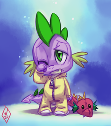 Size: 800x900 | Tagged: safe, artist:whitediamonds, spike, dragon, g4, baby, baby dragon, clothes, cute, fangs, footed sleeper, green eyes, groggy, male, one eye closed, pajamas, plushie, signature, simple background, sleepy, solo, spikabetes, tired, toy, watermark, zipper