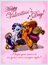 Size: 1000x1362 | Tagged: safe, artist:harwick, applejack, rarity, chocolate, couch, fainting couch, female, lesbian, rarijack, shipping, valentine, valentine's day