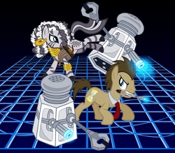 Size: 6864x6000 | Tagged: safe, artist:tygerbug, doctor whooves, time turner, zecora, earth pony, pony, zebra, g4, absurd resolution, crossover, dalek, doctor who, female, male, mare, ponified, river song (doctor who), salt shaker, sonic screwdriver, stallion, the doctor