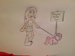 Size: 2592x1936 | Tagged: safe, artist:fluffsplosion, fluttershy, fluffy pony, equestria girls, g4, faith summers, humanized, leash, sign, traditional art, uncanny valley