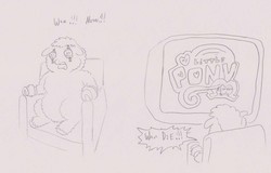 Size: 1500x960 | Tagged: safe, artist:santanon, fluffy pony, equestria girls, g4, lineart, television, torture, wan die, wat