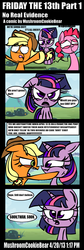 Size: 890x2645 | Tagged: safe, artist:mushroomcookiebear, applejack, pinkie pie, twilight sparkle, pony, unicorn, g4, comic, female, friday the 13th, mare, panic, parody