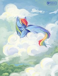 Size: 1024x1324 | Tagged: dead source, safe, artist:meownyo, rainbow dash, pegasus, pony, g4, cloud, cloudy, eyes closed, female, on a cloud, sleeping, solo, wings