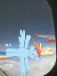 Size: 1536x2048 | Tagged: safe, artist:blahblahblahpeace, fluttershy, rainbow dash, soarin', pegasus, pony, g4, cloud, cloudy, female, flying, irl, male, mare, photo, plane, ponies in real life, smoke, stallion, window