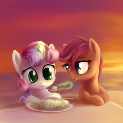 Size: 1600x1600 | Tagged: safe, artist:sokolas, scootaloo, sweetie belle, g4, eating, female, food, lesbian, magic, ship:scootabelle, shipping, spaghetti, sunset