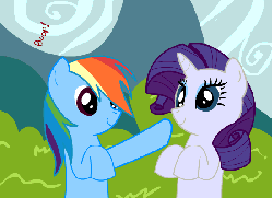 Size: 550x400 | Tagged: safe, artist:seika, rainbow dash, rarity, g4, animated, boop, cheering, cute, eyes closed, female, nyan, open mouth, smiling, squeak