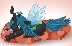 Size: 750x475 | Tagged: safe, artist:vavacung, queen chrysalis, changeling, changeling queen, g4, cute, cutealis, female, heart, lying down, pixiv, prone, sad, solo