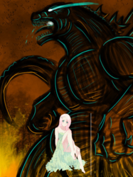 Size: 448x599 | Tagged: safe, fluttershy, human, kaiju, g4, crossover, fanfic cover, godzilla, godzilla (series), humanized, shadows of giants