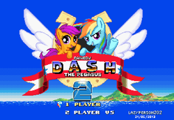 Size: 1024x706 | Tagged: safe, artist:sophiesplushies, rainbow dash, scootaloo, g4, crossover, grin, looking at you, miles "tails" prower, mockup, parody, pixel art, sega, smiling, sonic 2, sonic the hedgehog, sonic the hedgehog (series), sonic the hedgehog 2, title screen, waving