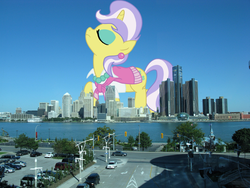 Size: 1000x750 | Tagged: safe, artist:cmwaters, upper crust, pony, g4, city, detroit, female, giant pony, giantess, highrise ponies, macro, michigan, skunk stripe, skyline, solo