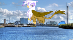 Size: 1000x550 | Tagged: safe, gilda, griffon, g4, city, female, giant griffon, giantess, glasgow, highrise ponies, irl, macro, photo, scotland, skyline