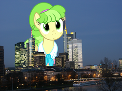 Size: 1000x750 | Tagged: safe, chickadee, ms. peachbottom, pony, g4, frankfurt, germany, giant pony, giantess, irl, macro, photo, ponies in real life, skyline, solo