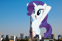 Size: 1000x667 | Tagged: safe, rarity, pony, unicorn, g4, city, female, giant pony, giant rarity, giant unicorn, giantess, highrise ponies, horn, japan, macro, skyline, solo, tokyo, tokyo tower