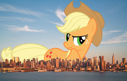 Size: 1000x639 | Tagged: safe, applejack, earth pony, pony, g4, applejack is best facemaker, city, giant pony, giantess, highrise ponies, macro, new york, new york city, skyline, smiling, smirk