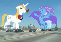 Size: 1000x696 | Tagged: safe, prince blueblood, trixie, pony, unicorn, g4, attack on pony, california, car, female, giant ponies in real life, giant pony, giant trixie, giant unicorn, giantess, highrise ponies, irl, los angeles, macro, male, mare, mega trixie, photo, ponies in real life, ship:bluetrix, shipping, stallion, straight