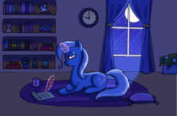 Size: 800x524 | Tagged: safe, artist:fimlie, trixie, pony, unicorn, g4, feather, female, magic, mare, moon, moonlight, night, quill, scroll, solo, telekinesis, window, writing