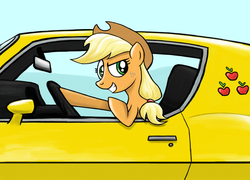 Size: 900x648 | Tagged: safe, artist:sevoohypred, applejack, g4, car, driving, female, grin, solo, vehicle