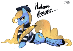 Size: 886x621 | Tagged: safe, artist:suikuzu, oc, oc only, oc:madame banane, earth pony, pony, beret, bread, clothes, fishnet stockings