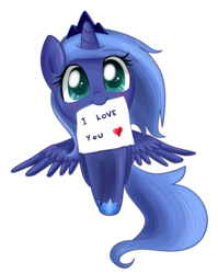 Size: 3567x4488 | Tagged: safe, artist:pridark, princess luna, alicorn, pony, g4, absurd resolution, cute, female, filly, heart, looking at you, lunabetes, mouth hold, note, pridark is trying to murder us, simple background, solo, transparent background, woona