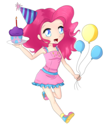 Size: 1000x1200 | Tagged: safe, artist:sakurayagami, pinkie pie, human, g4, balloon, cake, female, hat, humanized, solo