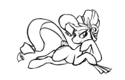 Size: 1156x745 | Tagged: safe, artist:enma-darei, rarity, crystal pony, pony, g4, female, monochrome, on side, paper fan, pinup, sketch, solo