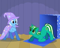 Size: 1280x1024 | Tagged: safe, artist:autumnsunrise, trixie, oc, oc:pickles, g4, canon x oc, food, horn, horn ring, marriage proposal, pickle, stage, trikles