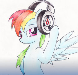 Size: 1024x997 | Tagged: safe, artist:justfrankska, rainbow dash, g4, female, headphones, solo, traditional art