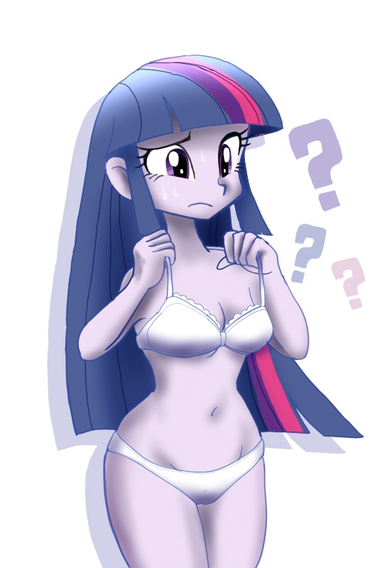 My Little Pony Porn Lingerie - 331441 - suggestive, artist:orca, twilight sparkle, equestria girls, belly  button, bra, breasts, cleavage, clothes, curvy, dumbfounded, female, frilly  underwear, legs together, lingerie, panties, pixiv, question mark, simple  background, solo, solo ...