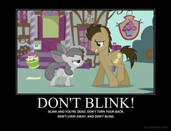 Size: 750x574 | Tagged: safe, edit, edited screencap, screencap, apple bloom, doctor whooves, time turner, earth pony, pony, call of the cutie, g4, demotivational poster, meme, sugarcube corner, the doctor, weeping angel