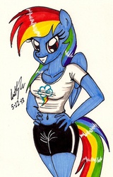 Size: 769x1198 | Tagged: safe, artist:newyorkx3, rainbow dash, anthro, g4, belly button, female, hand on hip, midriff, simple background, solo, traditional art