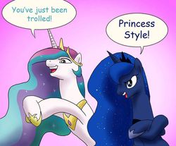 Size: 914x758 | Tagged: safe, artist:doublewbrothers, princess celestia, princess luna, g4, comic sans, cropped, speech bubble, troll