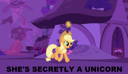 Size: 1142x662 | Tagged: safe, edit, edited screencap, screencap, applejack, g4, the ticket master, animation error, cowboy hat, female, gala ticket, hat, image macro, magic, solo, stetson, ticket