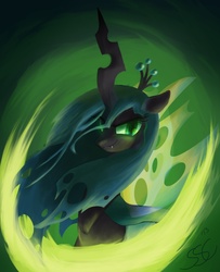 Size: 955x1176 | Tagged: safe, artist:seyllah, queen chrysalis, changeling, changeling queen, g4, crown, female, jewelry, looking at you, regalia, signature, smiling, solo