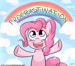 Size: 900x800 | Tagged: safe, artist:taco-slayer, pinkie pie, earth pony, pony, g4, cross-eyed, female, happy, i have done nothing productive all day, idiot box, open mouth, open smile, parody, procrastination, rainbow, smiling, solo, spongebob squarepants