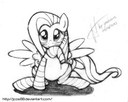 Size: 600x477 | Tagged: safe, artist:jcosneverexisted, fluttershy, g4, blushing, clothes, cute, female, looking at you, monochrome, shyabetes, socks, solo, striped socks, traditional art