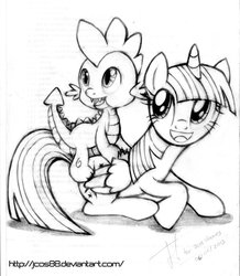 Size: 600x687 | Tagged: safe, artist:jcosneverexisted, spike, twilight sparkle, alicorn, pony, g4, female, male, monochrome, traditional art, twilight sparkle (alicorn)