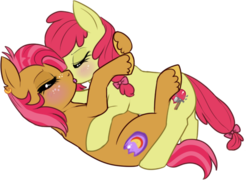 Size: 530x381 | Tagged: safe, artist:lulubell, apple bloom, babs seed, earth pony, pony, g4, blushing, female, french kiss, incest, kissing, lesbian, ship:appleseed, shipping, simple background, transparent background