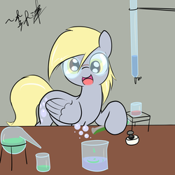 Size: 2000x2000 | Tagged: safe, artist:lightningnickel, derpy hooves, pegasus, pony, g4, 30 minute art challenge, beaker, chemicals, female, laboratory, mare, safety goggles, science, solo, test tube