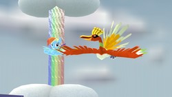 Size: 1280x720 | Tagged: safe, artist:php74, rainbow dash, bird, ho-oh, pegasus, pony, g4, 3d, cloud, female, flying, gmod, grin, mare, pokémon, rainbow, smiling, spread wings, squee, wings