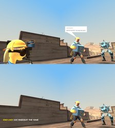 Size: 845x945 | Tagged: safe, artist:php74, applejack, human, pony, g4, carrying, comic, crossover, engiejack, engineer, engineer (tf2), female, gmod, male, mare, rage quit, sentry, sentry buster, team fortress 2, tumblr, video game