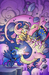 Size: 500x759 | Tagged: safe, artist:agnesgarbowska, idw, fluttershy, princess luna, private pansy, spike, star swirl the bearded, twilight sparkle, alicorn, dragon, pegasus, pony, g4, official, adult, adult spike, clean, comic, costume, cover, female, male, mare, older, older spike, spikezilla, traditional royal canterlot voice